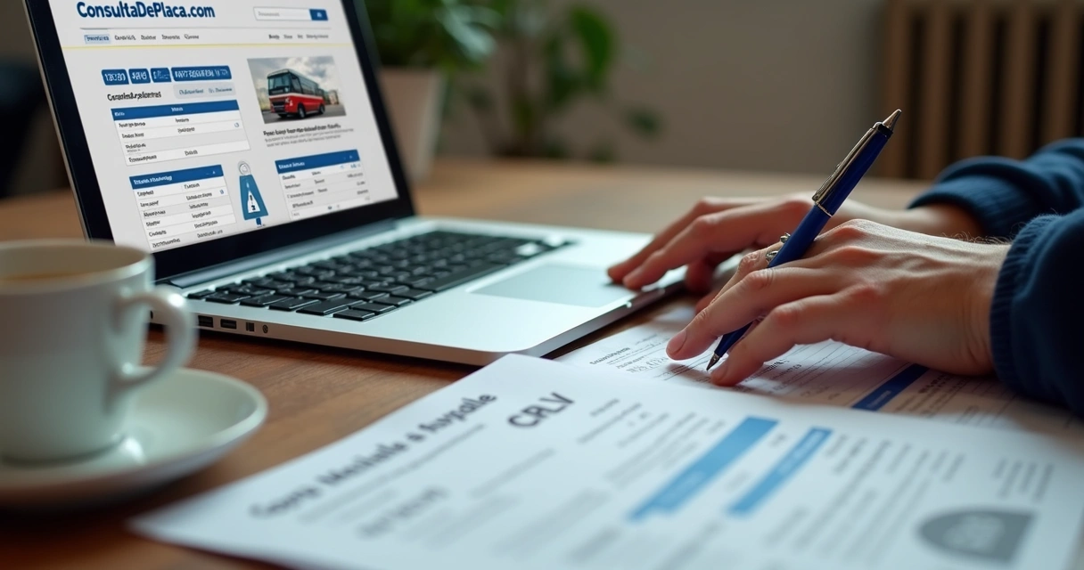 Pessoa conferindo histórico de veículo em notebook com documentos e caneta ao lado 