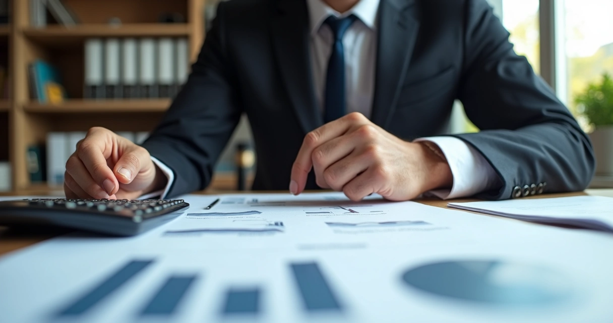 Advogado analisa documentos empresariais sobre mesa com gráficos e calculadora