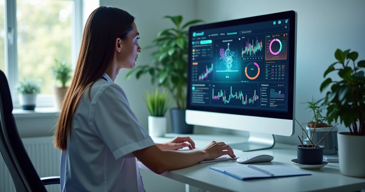 Profissional de saúde analisando dados clínicos em dashboard digital com gráficos e IA no computador 