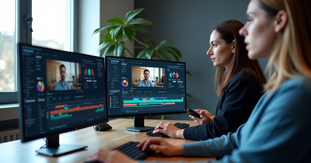 Tela de computador exibindo gráficos, trechos de vídeo em destaque e legendas coloridas. 