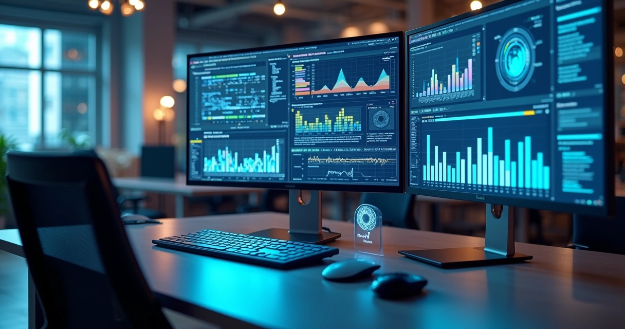 Tela de computador exibindo gráficos e análise de dados operacionais com inteligência artificial 