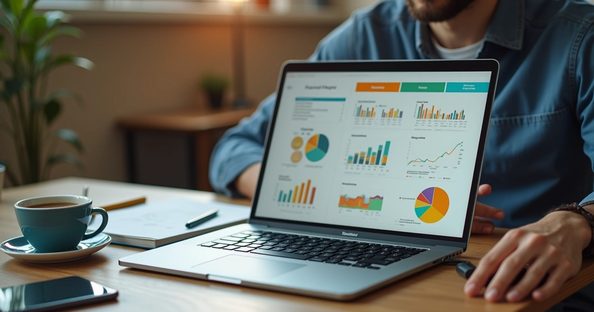 Análise digital de gastos pessoais em tela de notebook em mesa organizada