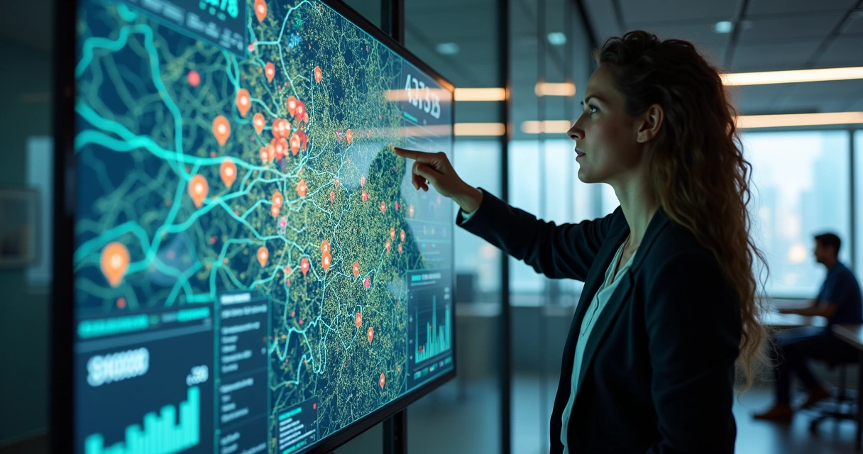 Painel de análise de IA sobre mapa da cidade com dados de imóveis 