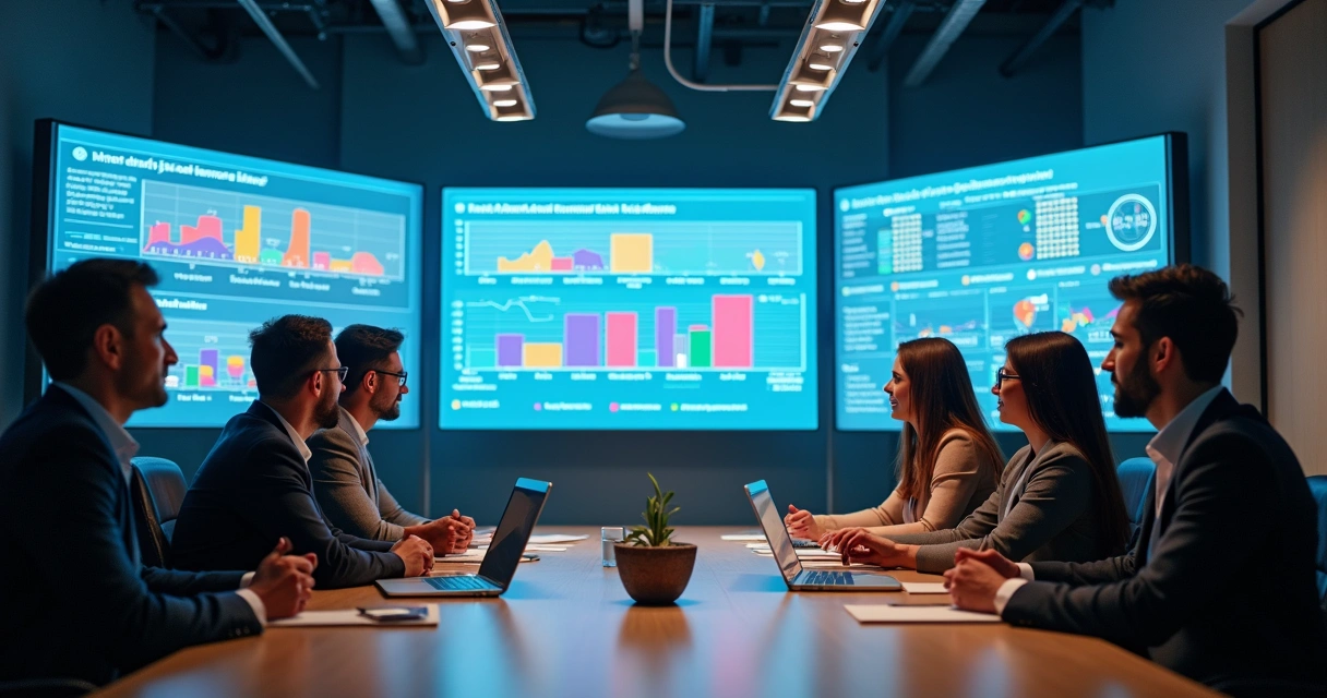 Equipe de imobiliária analisando gráficos de feedback de hóspedes e IA 