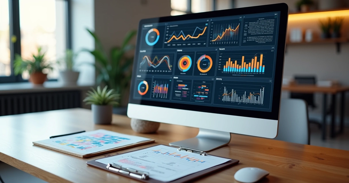 Mesa de trabalho com computador mostrando análise de dados digitais, ao lado uma prancha com anotações manuais e gráficos desenhados à mão 