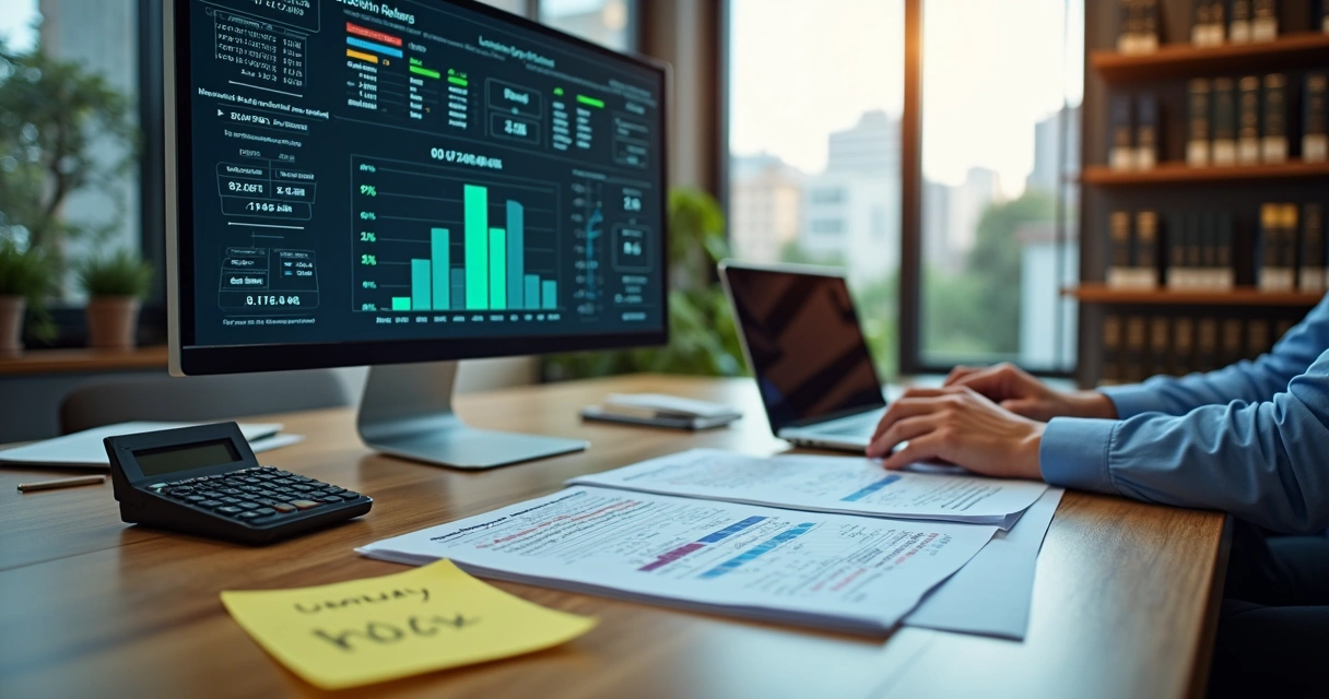 Profissional analisando gráficos de ICMS da Bahia em mesa de escritório 