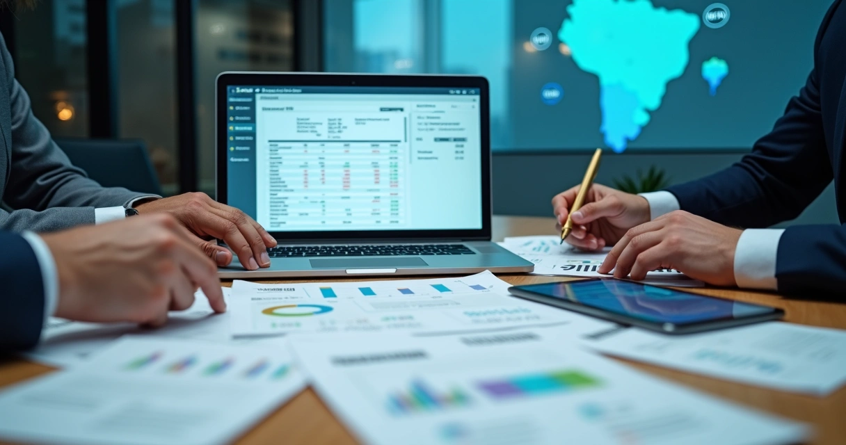 Profissionais analisando cálculo de ICMS de Santa Catarina em ambiente corporativo moderno 