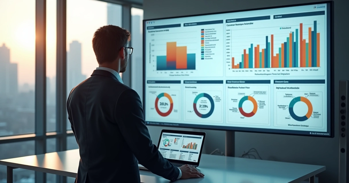 Profissional analisando critérios de ICP em tela com gráficos 