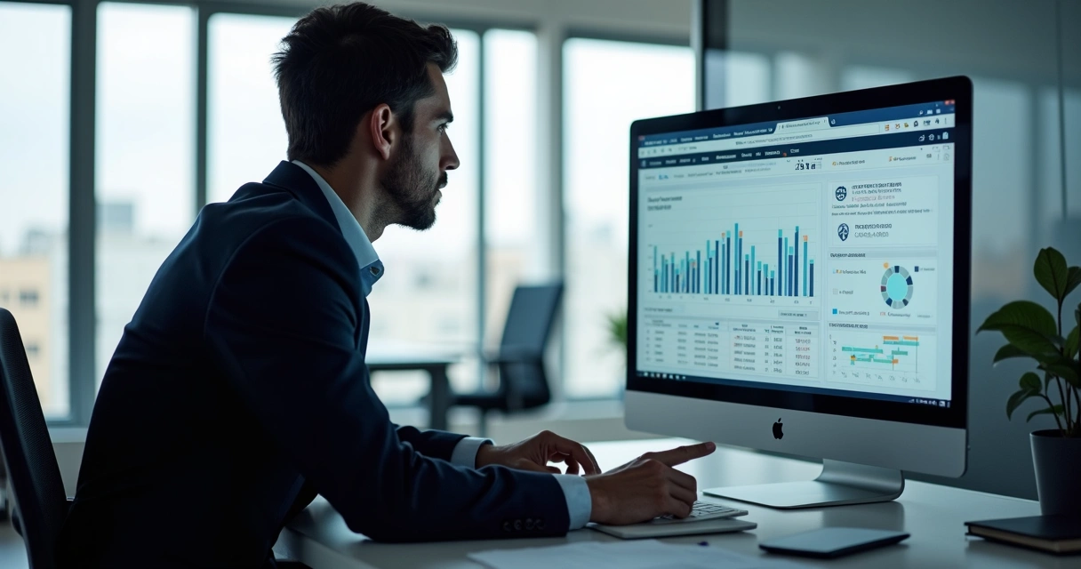 Profissional analisando perfil de cliente em tela digital, gráficos de vendas ao fundo. 