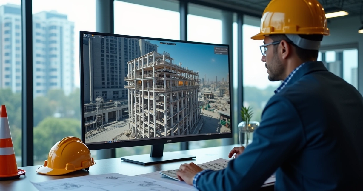 Gestor analisando imagens de obra com zoom