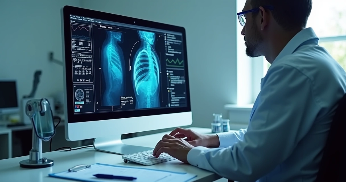 Técnico analisando uma imagem digital em computador com gráficos detalhados 