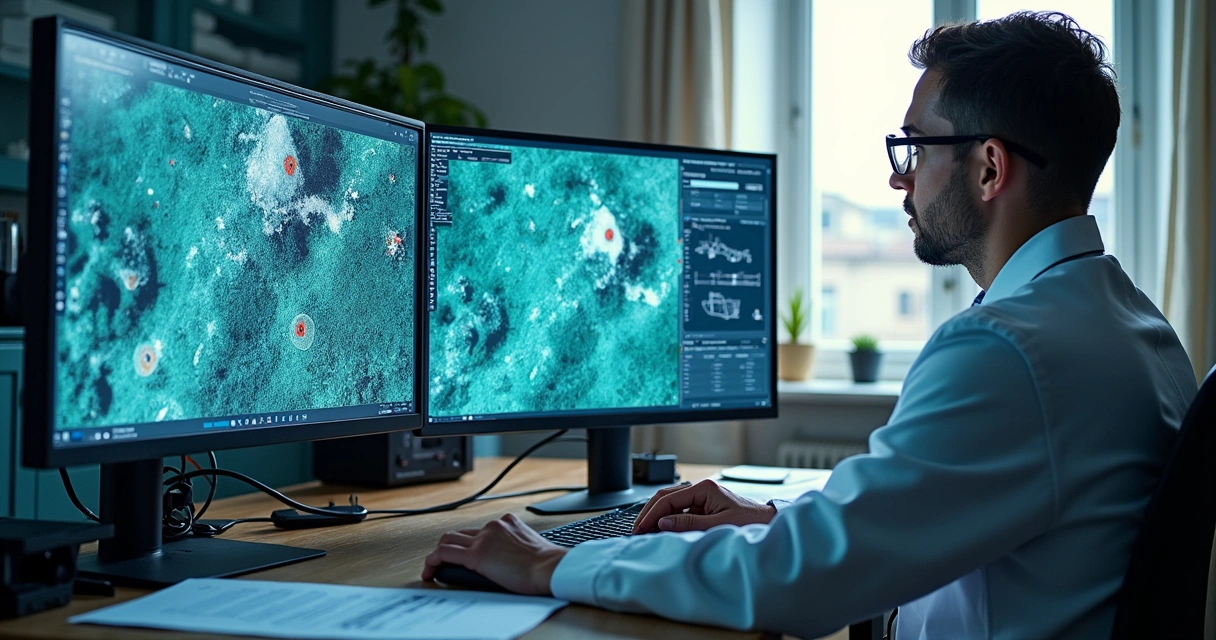 Perito analisando imagens de drone em computador. 