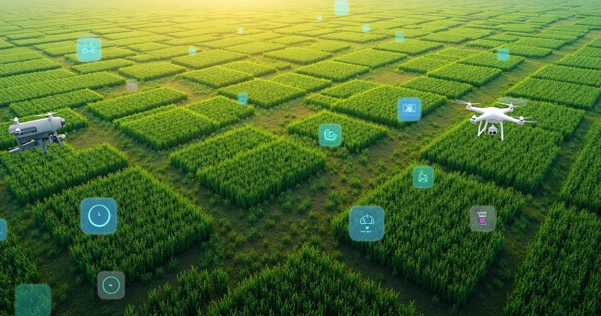 Imagem gerada por IA mostrando análise de imagens de drones sobre plantação 