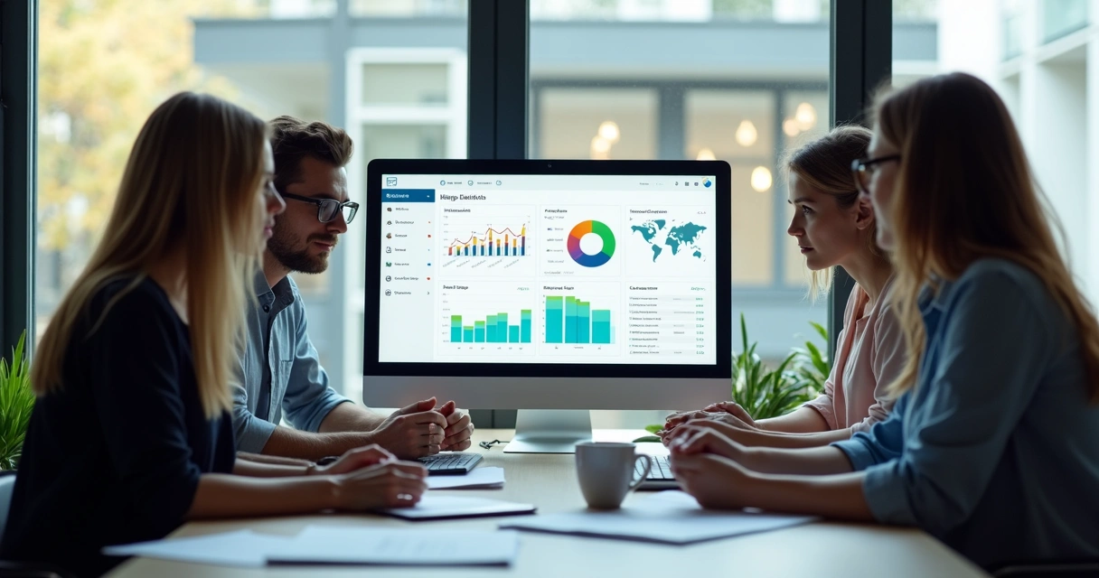 Equipe imobiliária analisando dashboards e gráficos de vendas na tela de um computador 