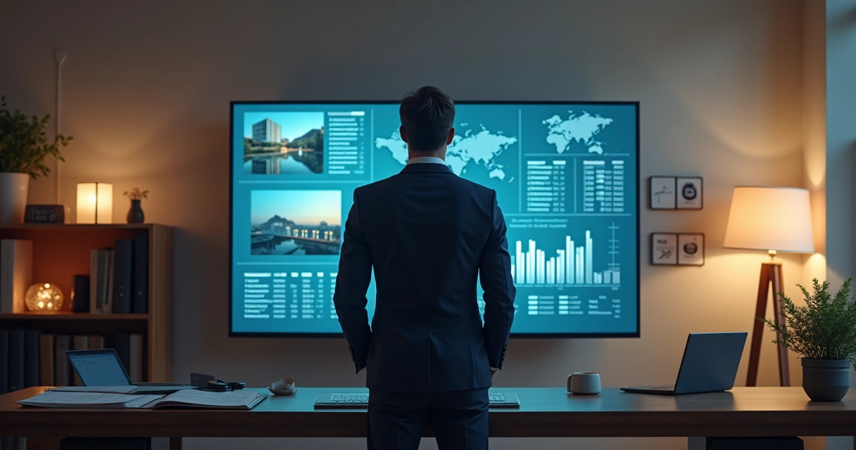 Empresário analisando imóveis de leilão em tela grande