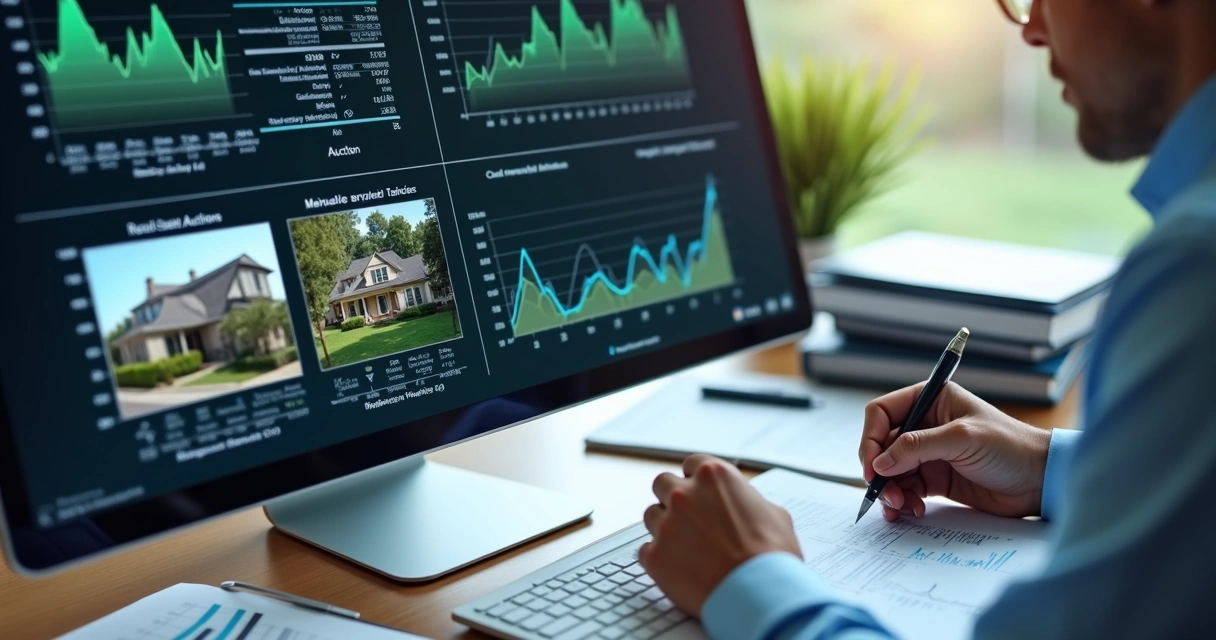 Pessoa analisando imóvel no computador com gráficos na tela e anotações em papel