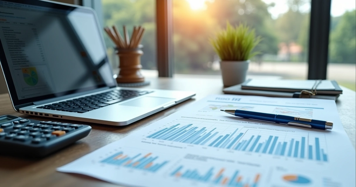 Mesa com documentos, computador mostrando gráficos e calculadora, ambiente moderno de escritório para análise de imóveis de leilão com CNPJ 