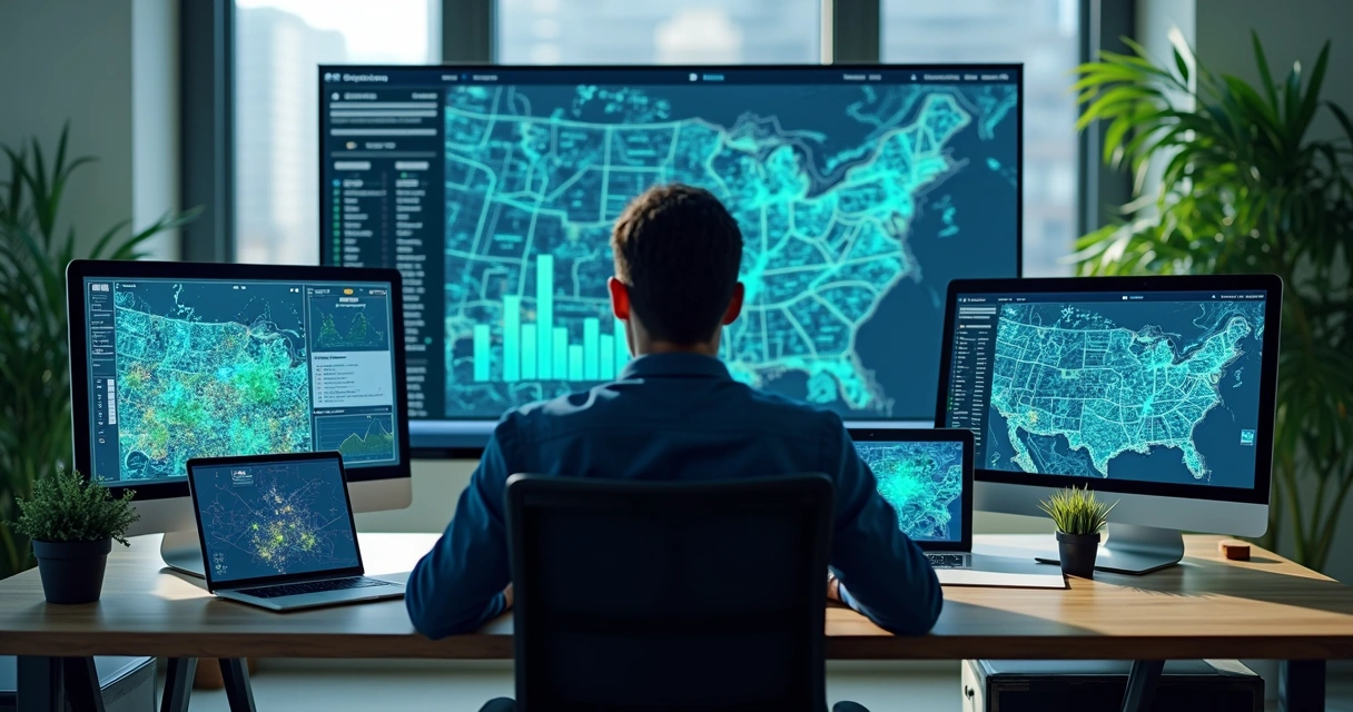 Pessoa analisando dados de imóvel em tablets e mapas digitais