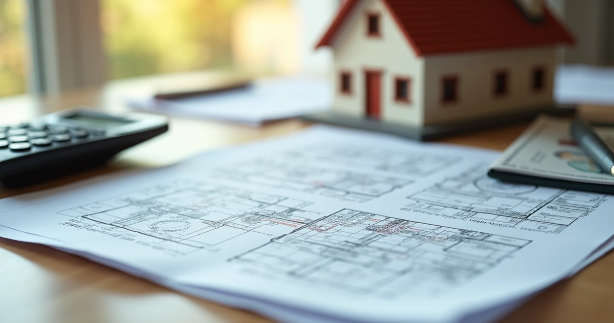 Casa de leilão com documentos judiciais e calculadora ao lado em mesa de madeira 