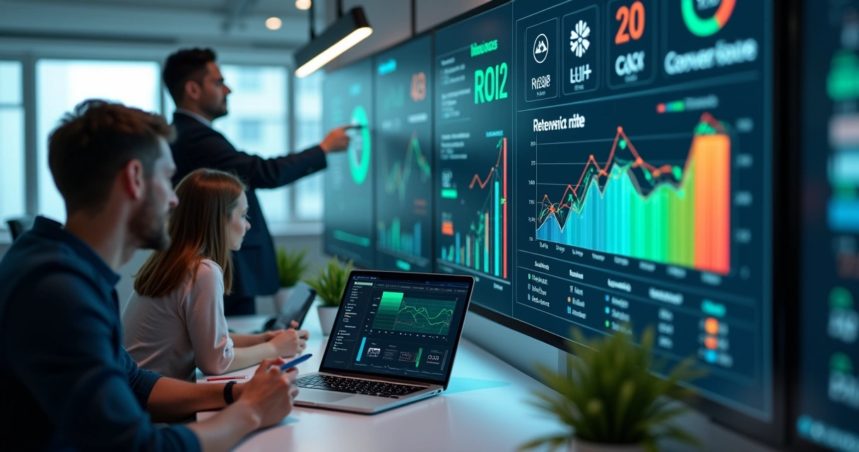 Equipe de marketing analisando gráficos de receita e métricas em um painel digital 