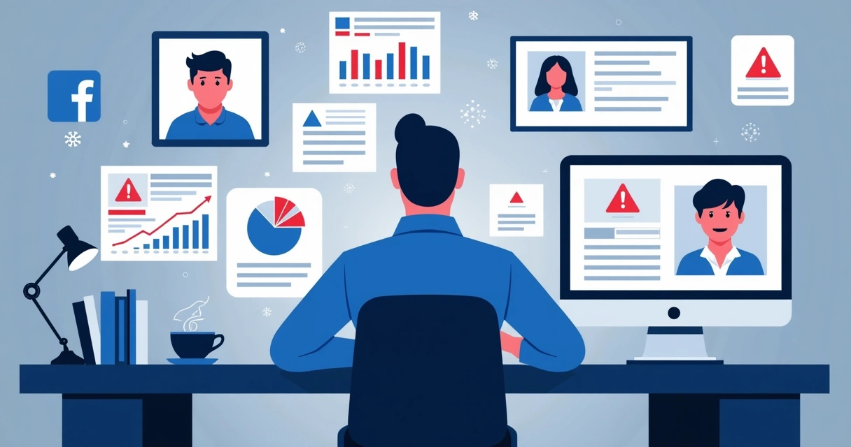 Pessoa observando dados em telas, com imagens de influenciadores e gráficos 