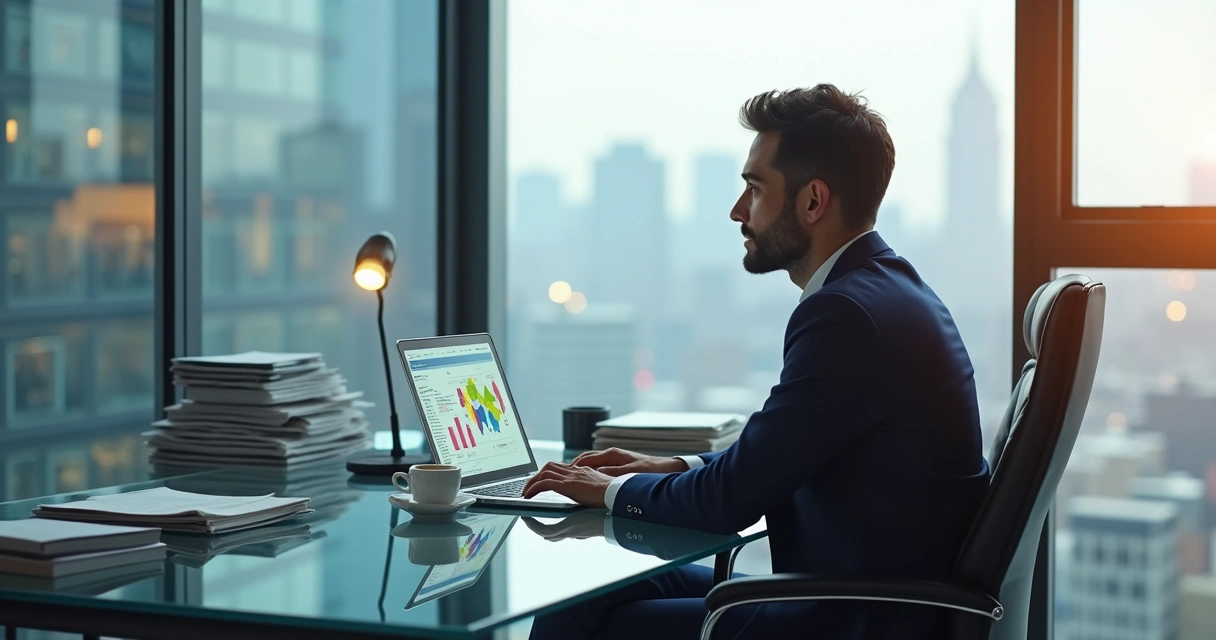 Profissional analisando gráficos coloridos de impacto em um notebook. 