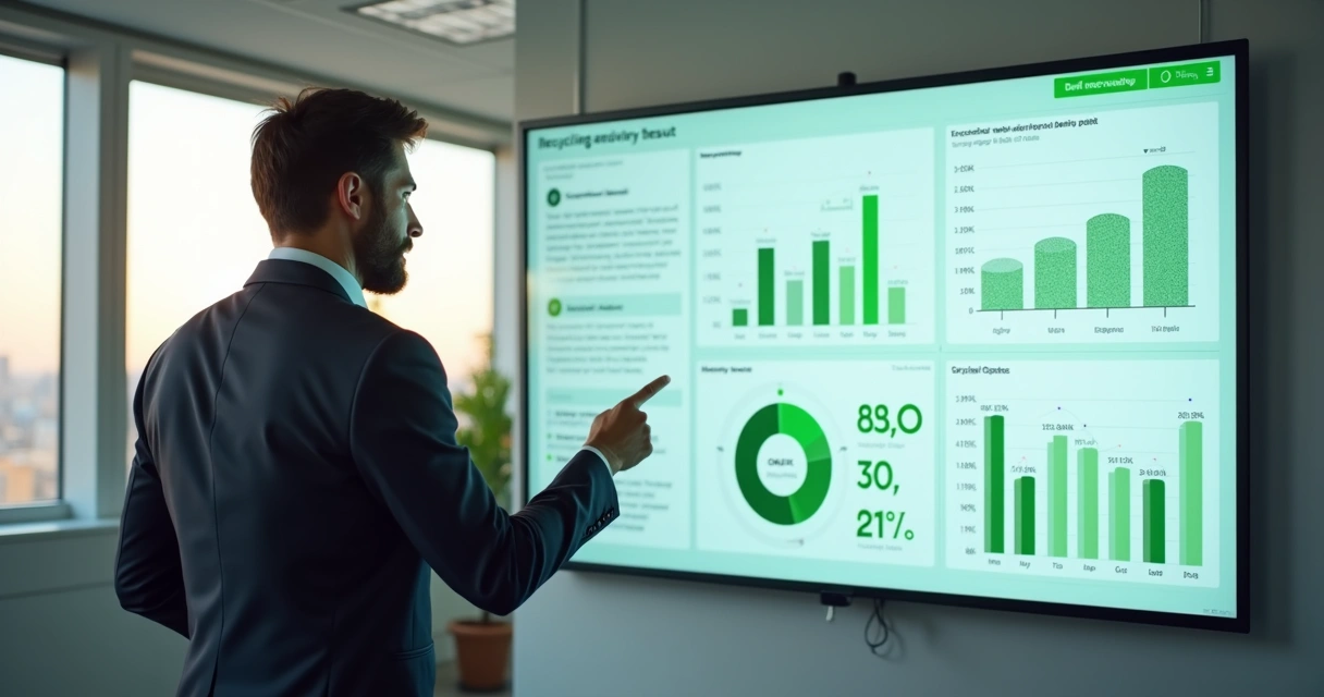 Empresário analisa resultados de projeto de reciclagem em dashboard digital