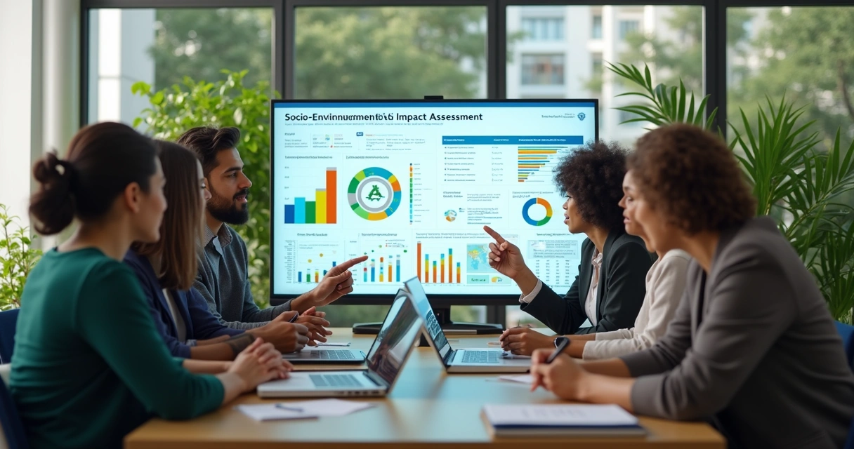 Avaliação de impacto socioambiental em projetos com gráficos e pessoas discutindo dados 