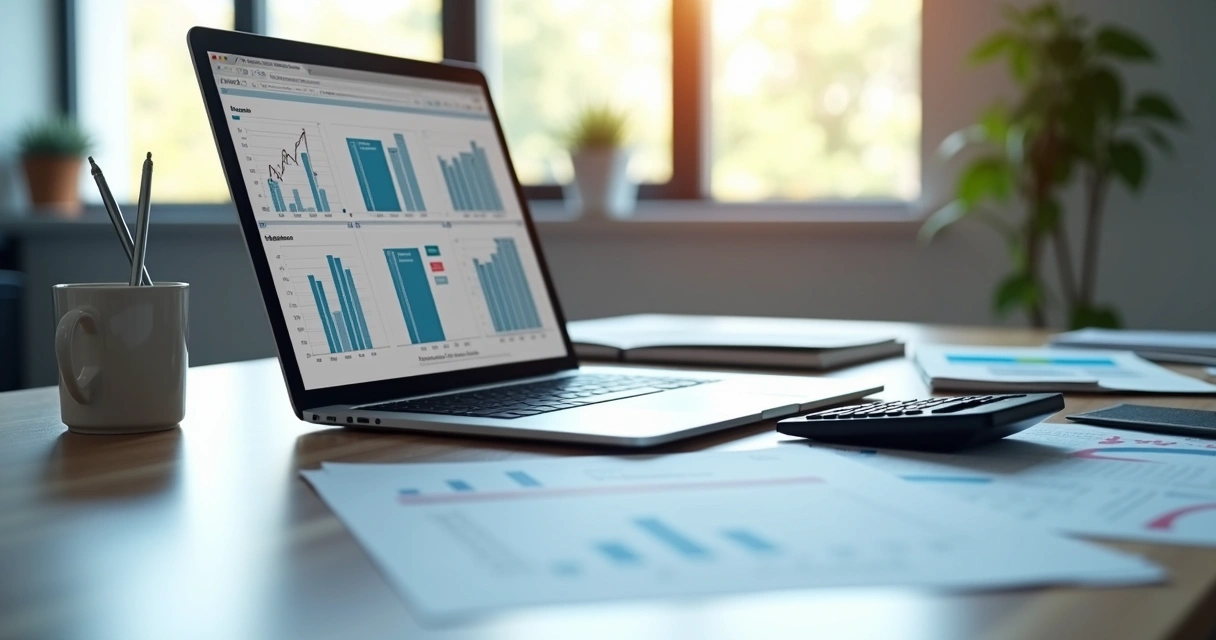 Mesa de escritório com documentos financeiros e calculadora ao lado de um laptop mostrando gráficos de inadimplência em PMEs 