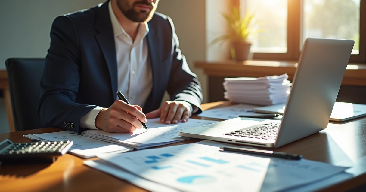 Pessoa analisando documentos fiscais com calculadora sobre mesa de escritório. 