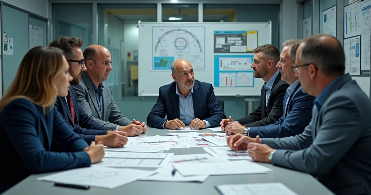 Equipe analisando situações de quase acidente em reunião 
