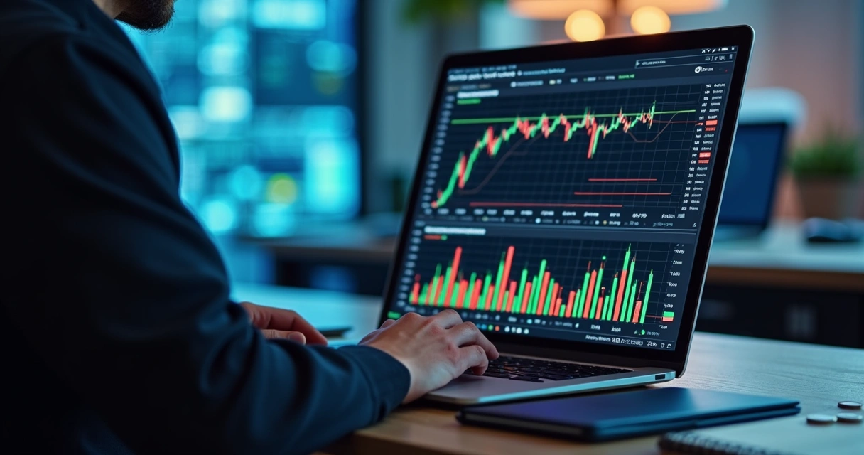 Pessoa analisando gráficos de KPIs em laptop sobre criptomoedas