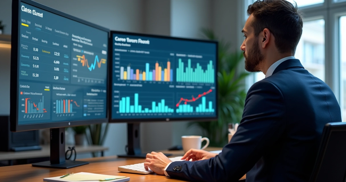 Profissional analisando gráficos em tela de computador 