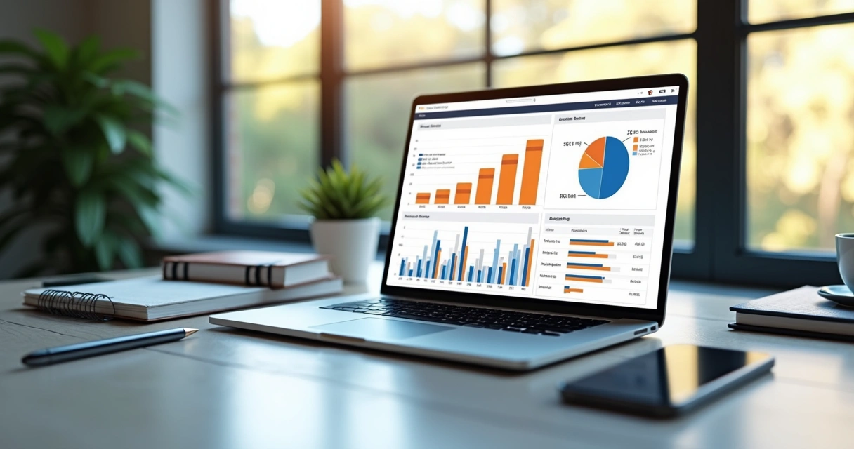 Mesa de trabalho com laptop exibindo gráficos de desempenho imobiliário, perto de cadernos e uma caneta 