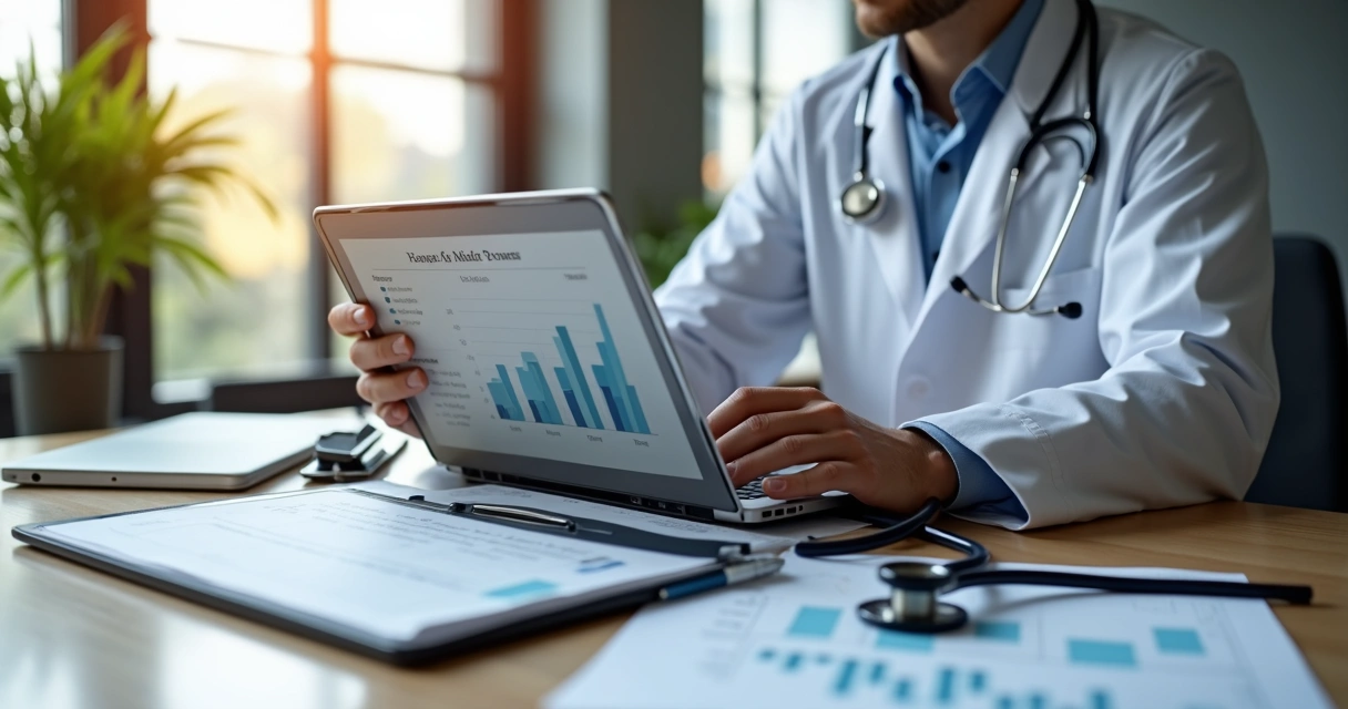Gráfico de barras com indicadores financeiros de uma clínica médica na tela de um notebook 
