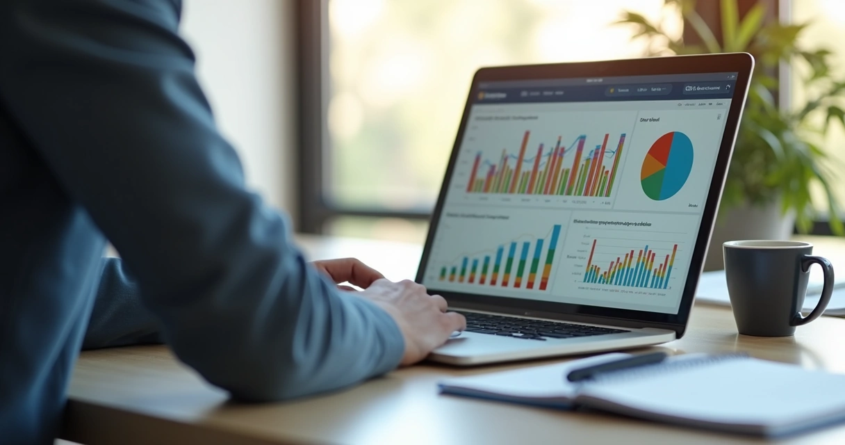 Gestor analisando gráficos de desempenho comercial no notebook 