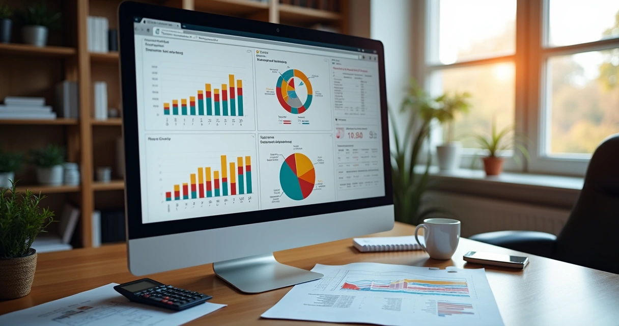 Computador de mesa exibindo gráficos financeiros e relatórios contábeis coloridos 