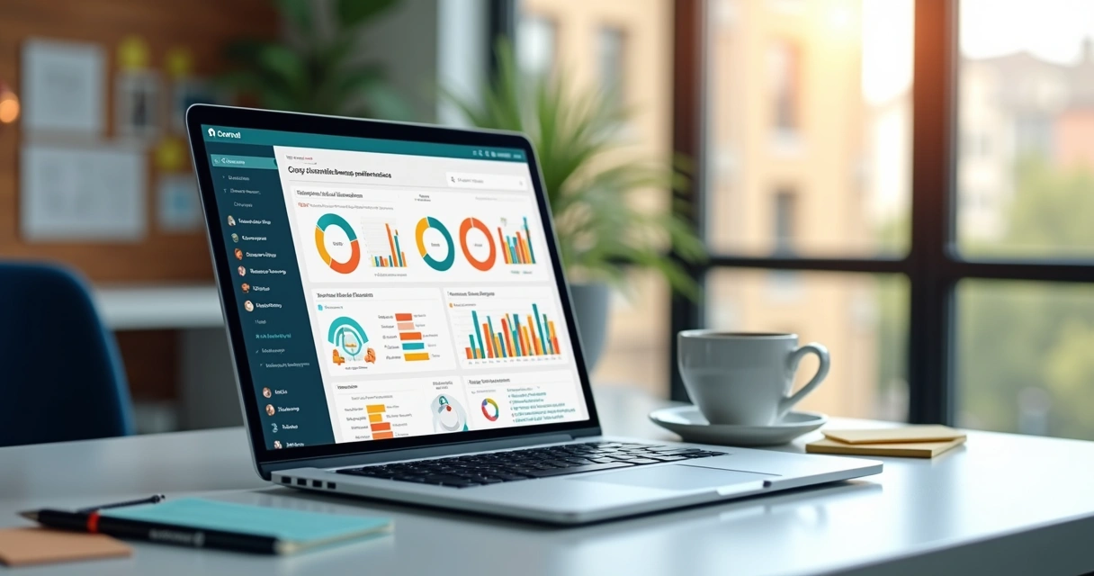 Dashboard colorido com indicadores de clientes contábeis em um notebook 