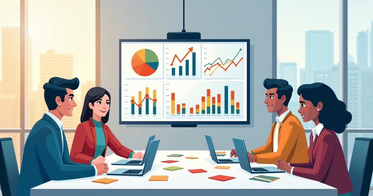 Equipe imobiliária analisando indicadores e gráficos no escritório 