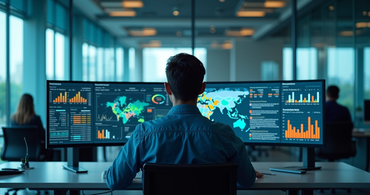 Gestor analisando gráficos variados em monitor triplo na empresa 