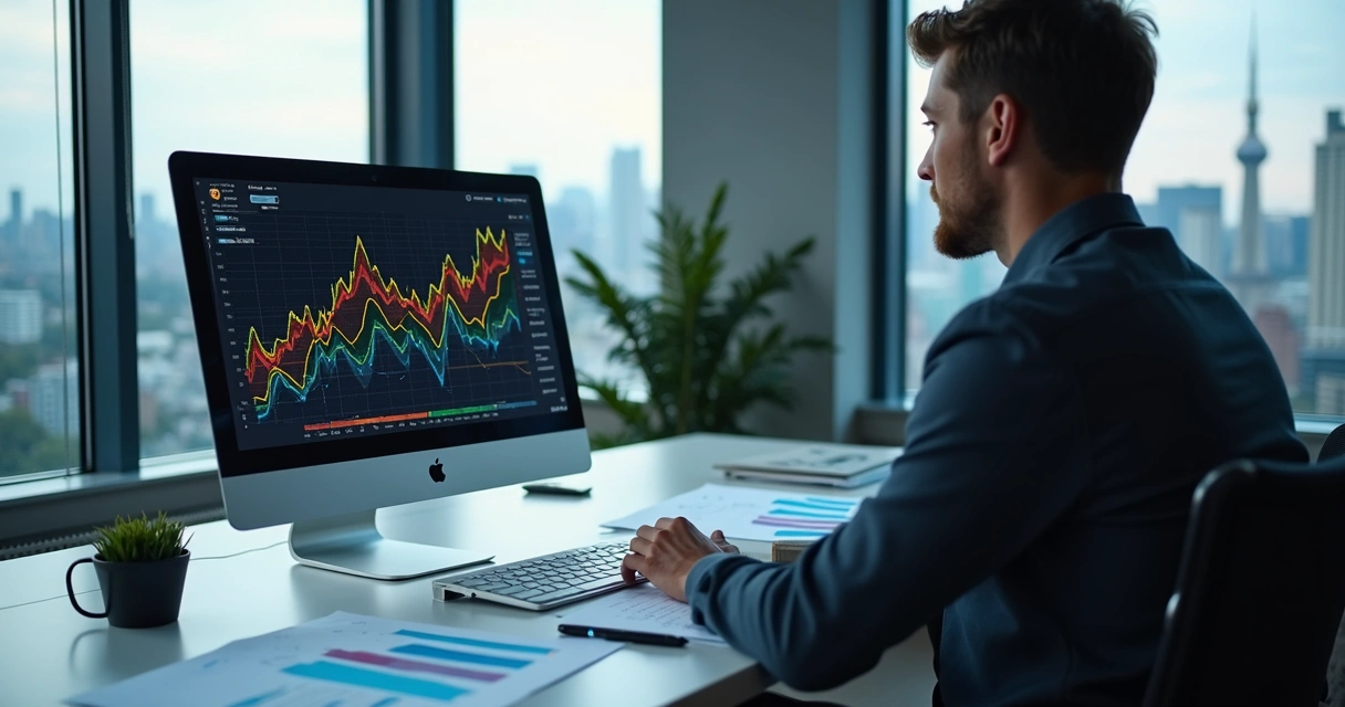 Profissional analisando gráfico de desempenho com dados detalhados em tela 