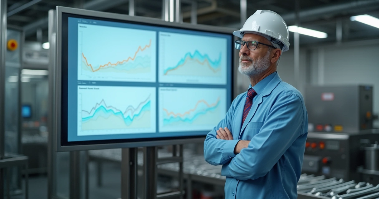 Profissional analisando gráficos de indicadores em fábrica de alimentos 