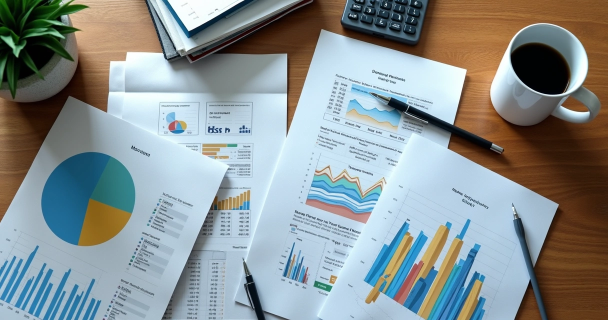 Análise de gráficos financeiros e relatório sobre mesa de escritório 