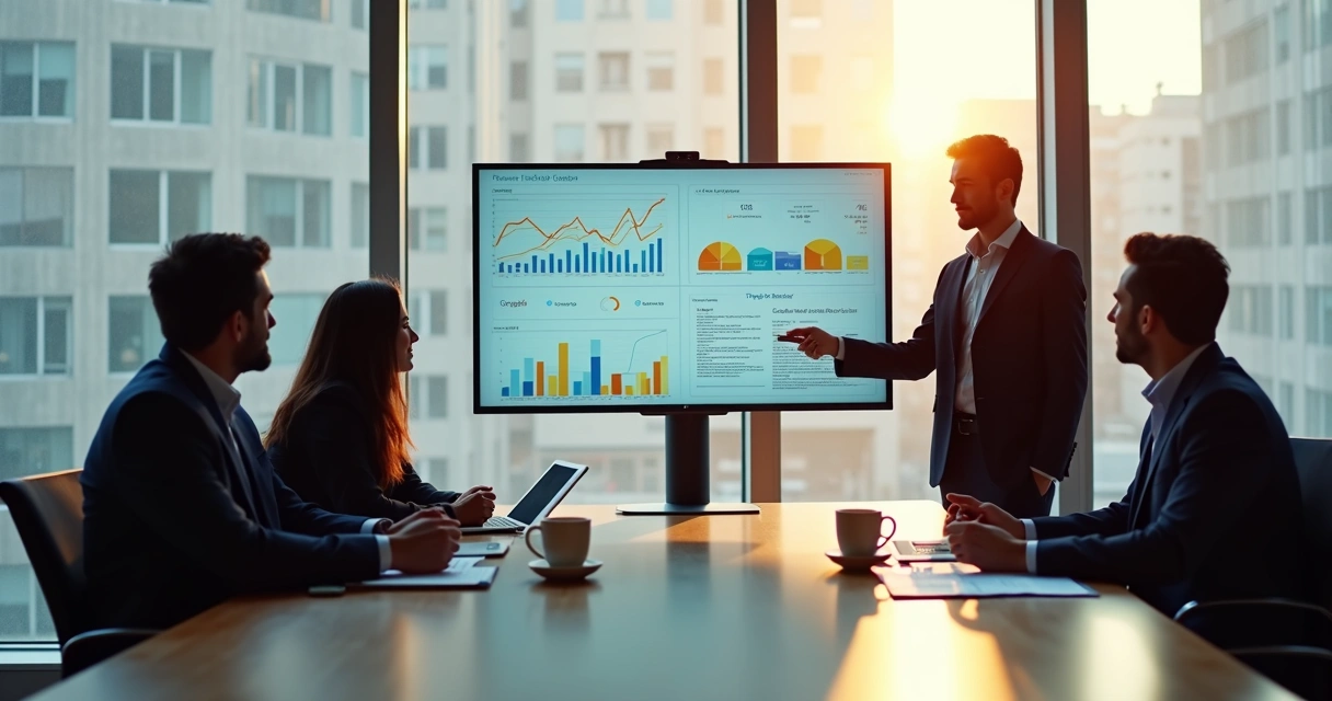 Consultor apresentando indicadores financeiros em uma tela para empresários 
