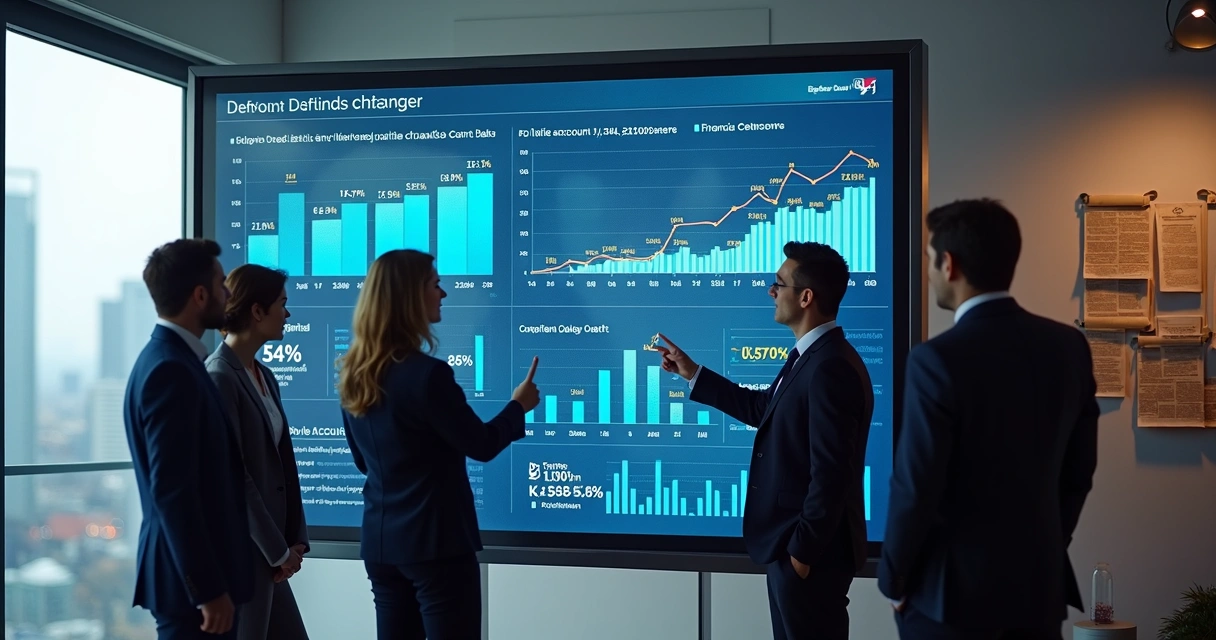 Executivos analisando gráficos de inadimplência em painel digital 