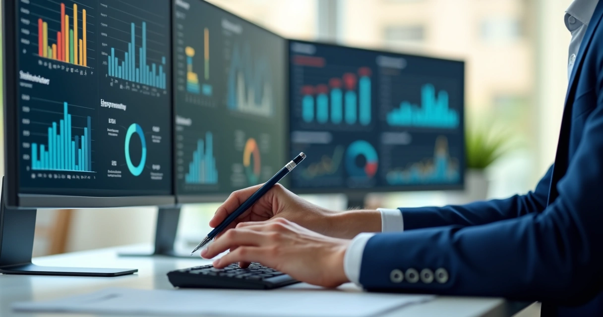Pessoa analisando indicadores de negócios na tela do computador. 
