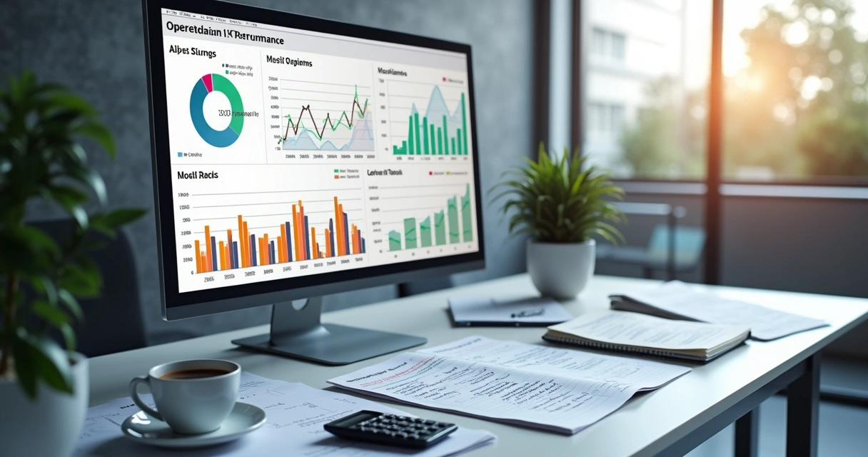Mesa de trabalho com gráficos e indicadores operacionais em tela de computador, planilhas e calculadora ao redor 