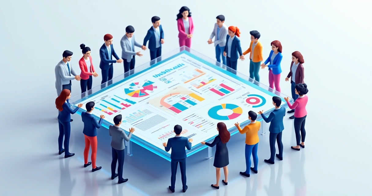 Como fazer uma auditoria do seu programa de parceiros Equipe analisando indicadores de parcerias em painel digital multicolorido