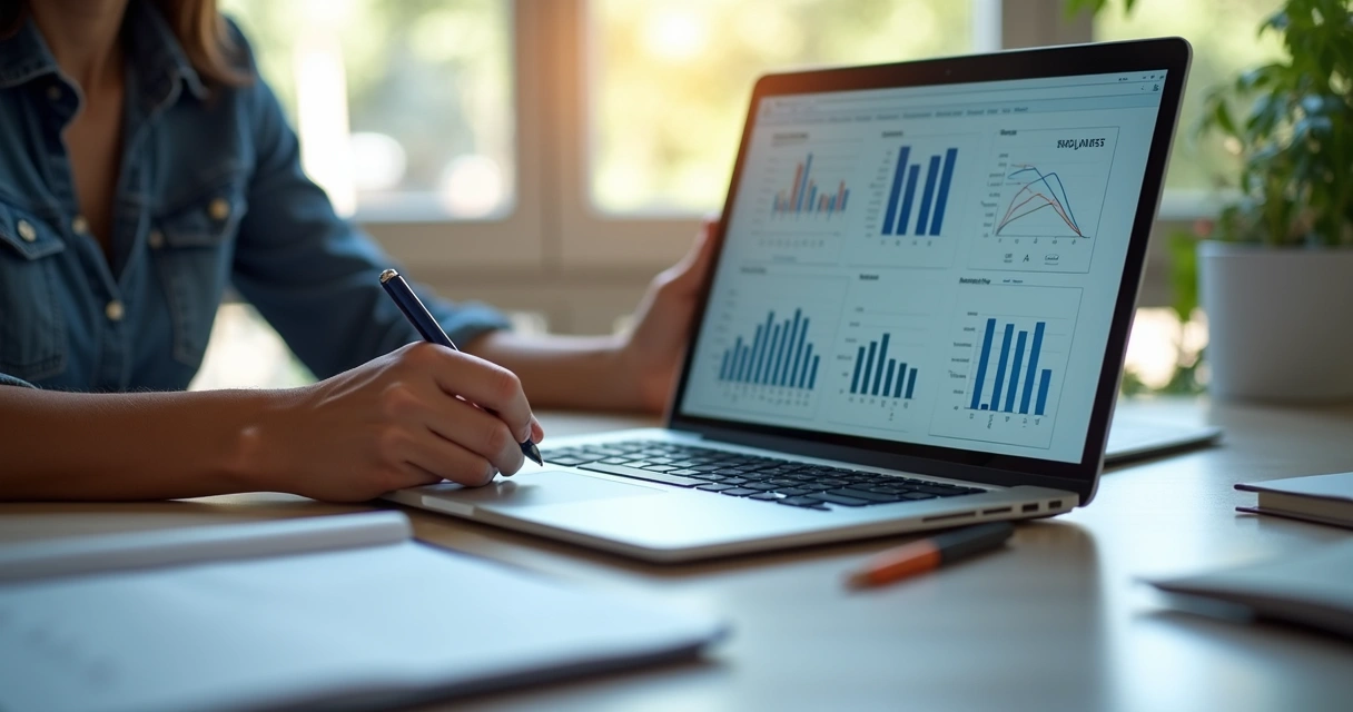 Gestor analisando gráficos de desempenho de serviços PME na tela de um notebook 
