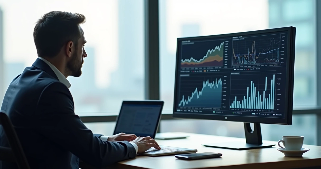 Gestor de PME analisa gráficos financeiros no computador 